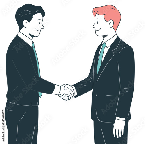 Two businessmen in suits shaking hands in a business deal illustration isolated on white background