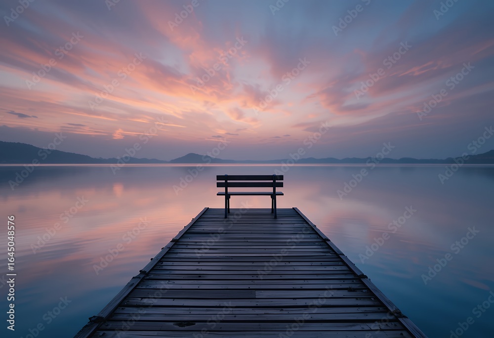 Fototapeta premium Serene wooden pier leading to a solitary bench overlooking calm reflective waters at dusk
