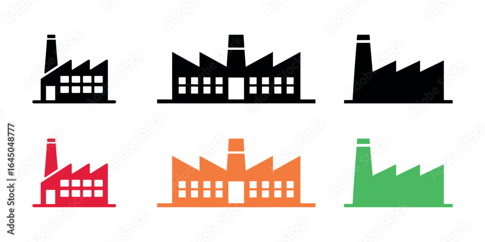 Fototapeta premium Colorful factory building icon set with chimney in black, red, orange, and green