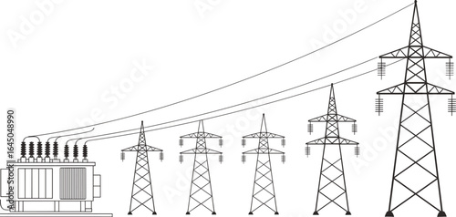 High voltage electricity transmission vector illustration, transformer station, power grid system, energy distribution network, black and white engineering drawing design