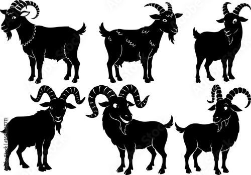 Majestic goats with curved horns stand proudly creating elegant farm livestock silhouette collection design set