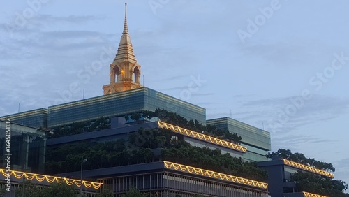 Close up of New Thai Parliament Building by the Chao Phraya River at Sunset