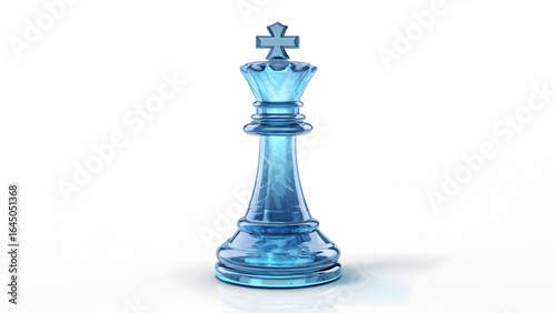 3D blue holographic glass chess king piece standing tall as symbol of strategy, leadership, and victory in board games