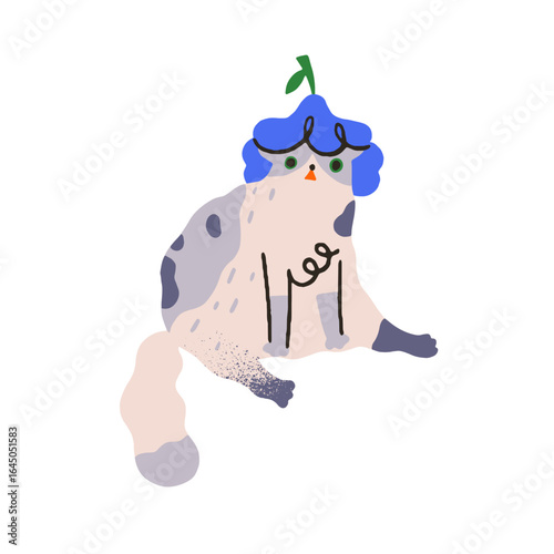 Cute cat in flower hat sits in stupid pose. Kitty with silly face. Comic kitten relaxes. Amusing domestic animal. Adorable pet. Flat isolated hand drawn vector illustration on white background