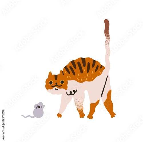 Scared cat is in pose with arched back. Naughty kitten is afraid of mouse. Cute kitty plays with toy. Amusing pet, domestic animal. Flat isolated hand drawn vector illustration on white background