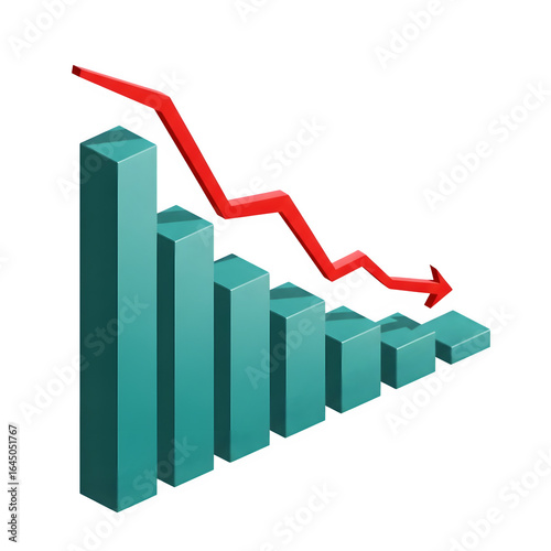 Free Download 3d teal bar chart showing a downward trend with a red arrow indicating a sharp decline isolated on transparent background - GFXLoad