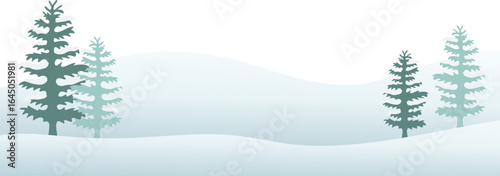 Winter landscape with snowy hills and pine trees. Winter border frame background