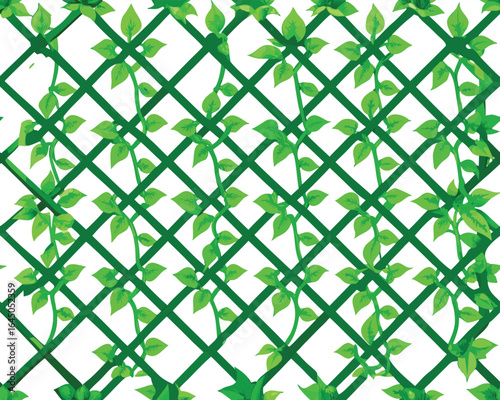 Vibrant green trellis pattern with floral accents