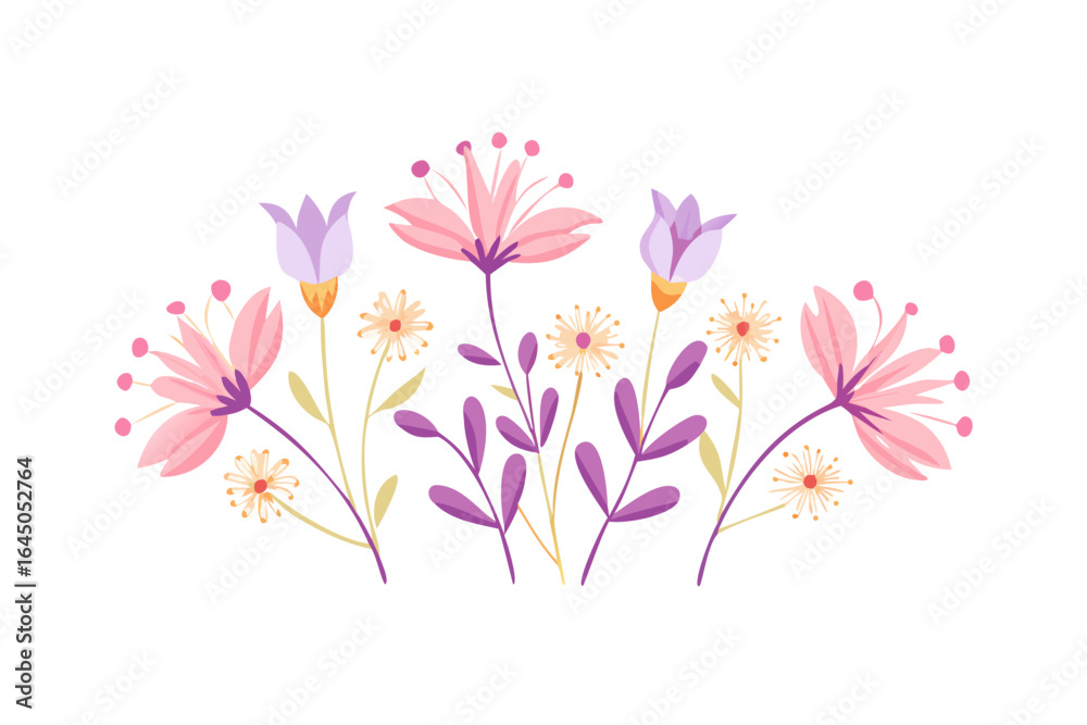 Obraz premium Pink and purple wildflowers bouquet illustration