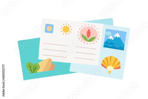 Summer postcards with beach and travel designs