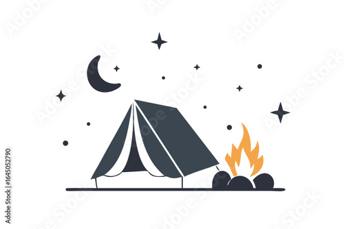 Night camping scene with tent and campfire illustration