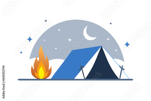 Blue tent camping at night with campfire illustration