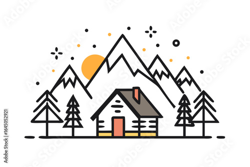 Winter cabin in the mountains with trees and snow illustration