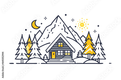 Night winter cabin in snowy forest with mountains illustration