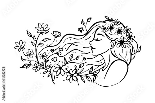 Woman with long floral hair in black line art style