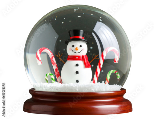A - Whimsical Cartoon Snow Globe with Snowman and Candy Canes, Top-Down View, Isolated on Transparent Background.