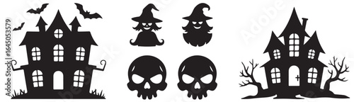 A halloween themed image with haunted houses witches and skulls in black silhouette on white background