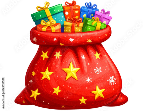 A - Whimsical Cartoon Santa Sack with Stars and Gift Icons, Isolated on Transparent Background.