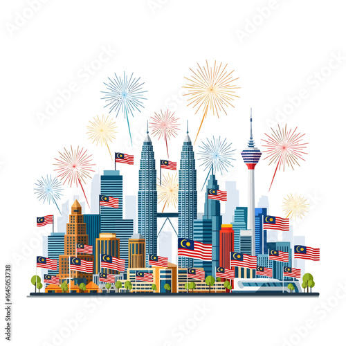A festive illustration of the Kuala Lumpur skyline with Petronas Towers, Malaysian flags, and fireworks celebrating a national holiday.