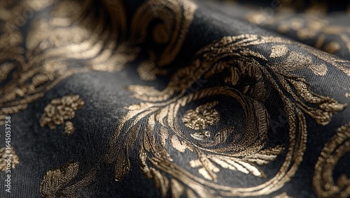 Wallpaper Mural Dark fabric with gold baroque-style damask pattern, richly textured and subtly shimmering, showcasing elegant folds and intricate detailing Torontodigital.ca