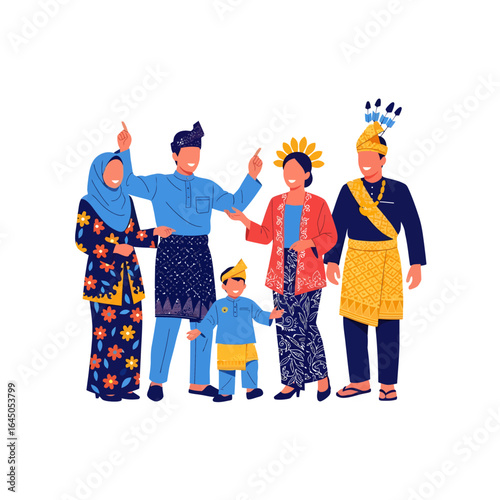 Malaysian family in traditional clothing celebrating a cultural event.