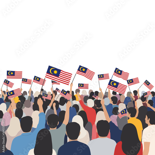 Large crowd of people holding Malaysian flags, celebrating a national event.