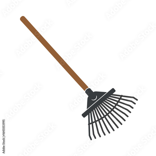 A simple icon of a garden leaf rake with a long brown handle and black fan-shaped tines.