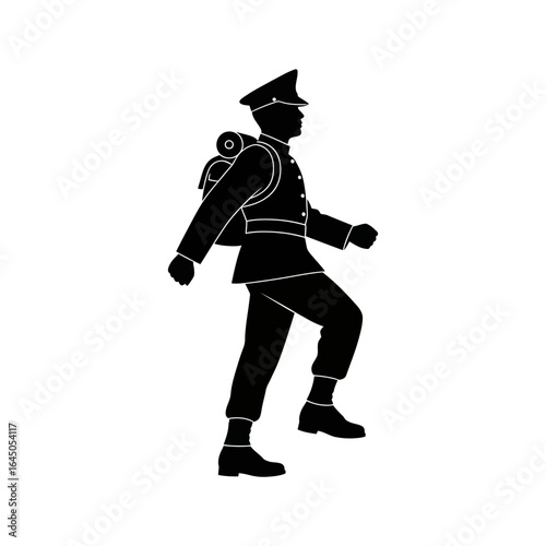 Profile silhouette of a soldier in uniform marching while carrying a large backpack.