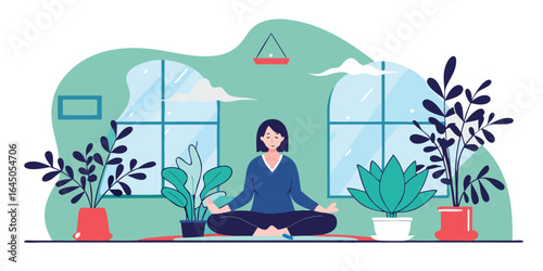 Woman Meditating with Plants – Matisse Poster Style Illustration