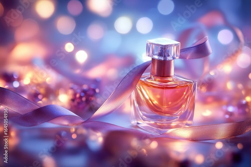 Perfume bottle with ribbon in a bokeh background.
