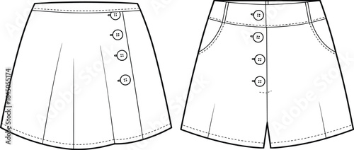 High waist button front shorts and skirt fashion cad drawing, technical flat vector illustration, garment design, front view sketch