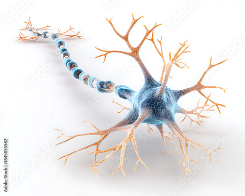 Detailed 3D illustration of a human neuron with myelin sheath and axon nerve cell neuroscience