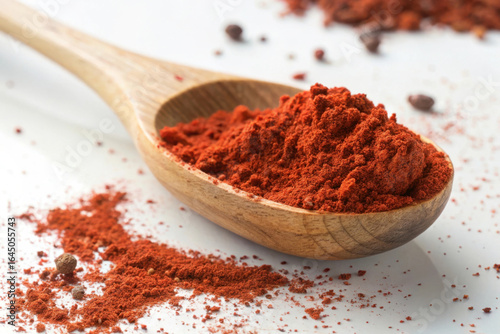 Fototapeta Naklejka Na Ścianę i Meble -  Wooden spoon filled with vibrant red paprika spice powder