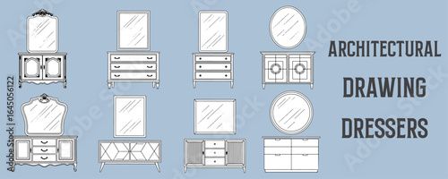 Architectural vector drawings of dressers with mirrors in various classic and modern designs, detailed black line art furniture illustrations on blue background farchitectural layouts