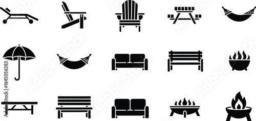 Summer camp outdoor and garden furniture. Lounge chair, Adirondack chair, picnic table, hammock, and benches. 
patio umbrella, a couch, and fire pits, fire bowls. 