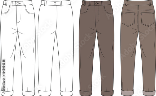 High waist rolled hem trousers flat sketch, front and back view, vector fashion illustration, casual unisex pants, technical CAD drawing