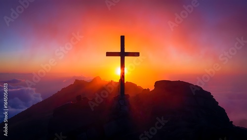 Cross Silhouette on Mountain Peak with Vibrant Sunset Glorious Sky of Orange Purple and Pink Displaying Spiritual Faith Hope and Religious Symbolism
