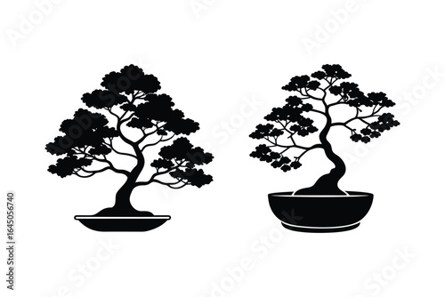 Two Bonsai Trees in Pots Black Silhouette Style on White Background Minimalist Design silhouette