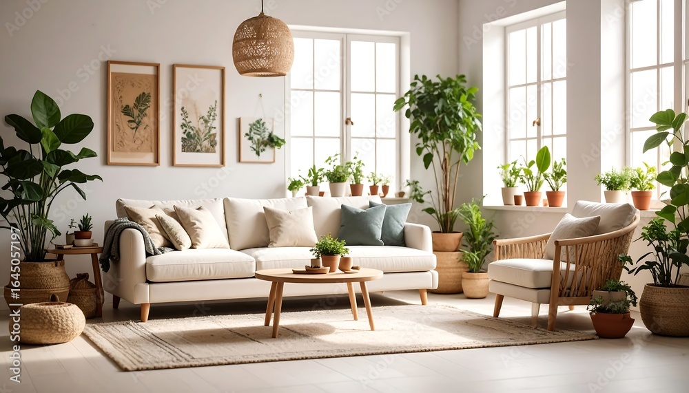 Fototapeta premium Bright, airy living room with white sofa, wicker armchair, and abundant plants by sunny windows