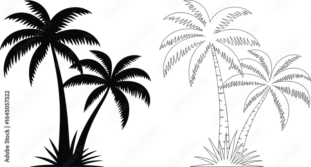Naklejka premium Tropical palm trees vector illustration, black silhouette and white line drawing, exotic nature art for summer beach design projects