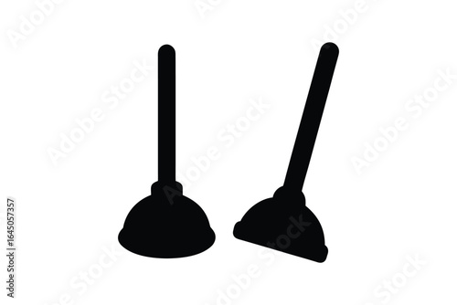 Two Plungers in Black Silhouette Style on White Background Representing Plumbing Tools and Home Repair Equipment silhouette