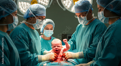 A newborn C section baby is gently held by  masked doctor in a delivery room immediately after birth, moments filled with care and emotion