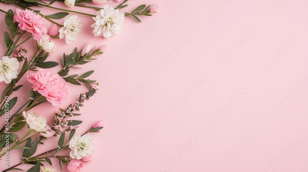 Naklejka premium Gluten free baking ingredients, A beautiful arrangement of pink and white flowers on a soft pink background, creating a delicate and fresh aesthetic.