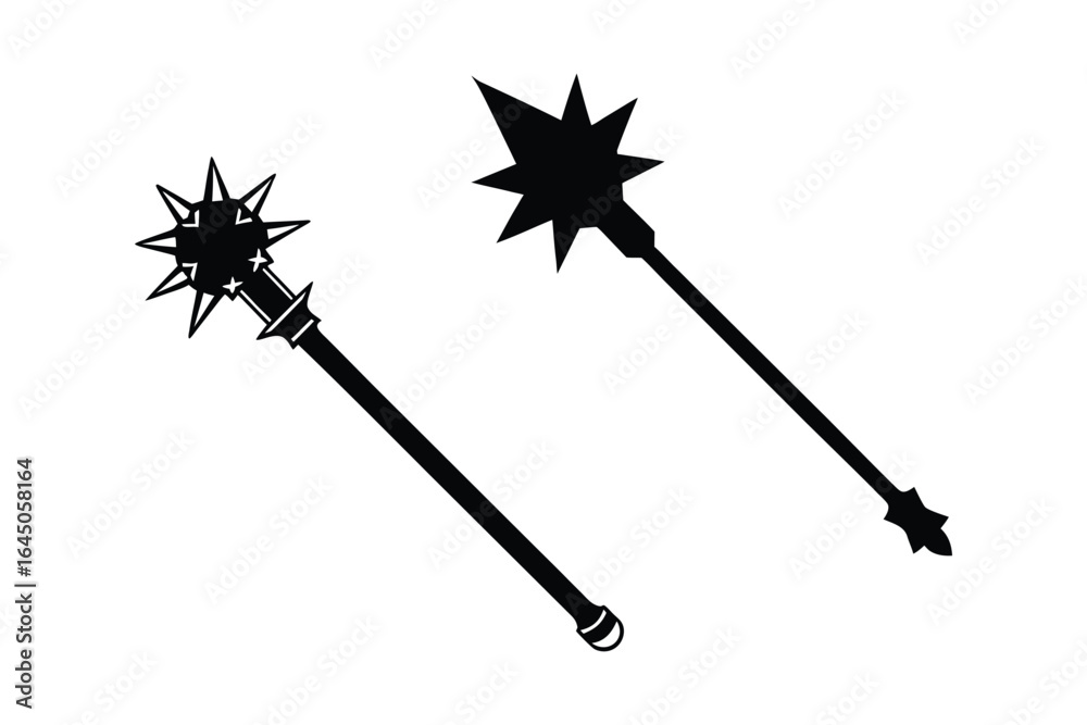 Fototapeta premium Two Fantasy Maces in Black and White Silhouette Style Illustration Magic Weapons for Games and Stories silhouette