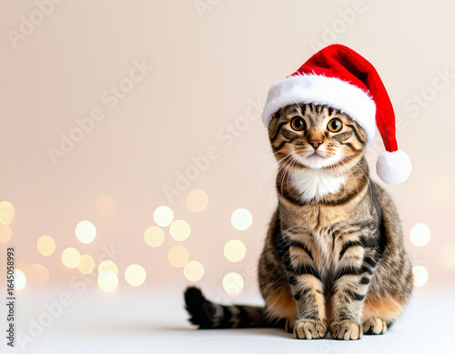 Christmas Kitten Wearing a Santa Hat, Beige Background with Bokeh Lights
