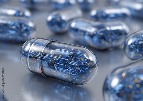 Macro View of Transparent Capsules Filled with Blue Circuitry on a Reflective Surface pill medical
