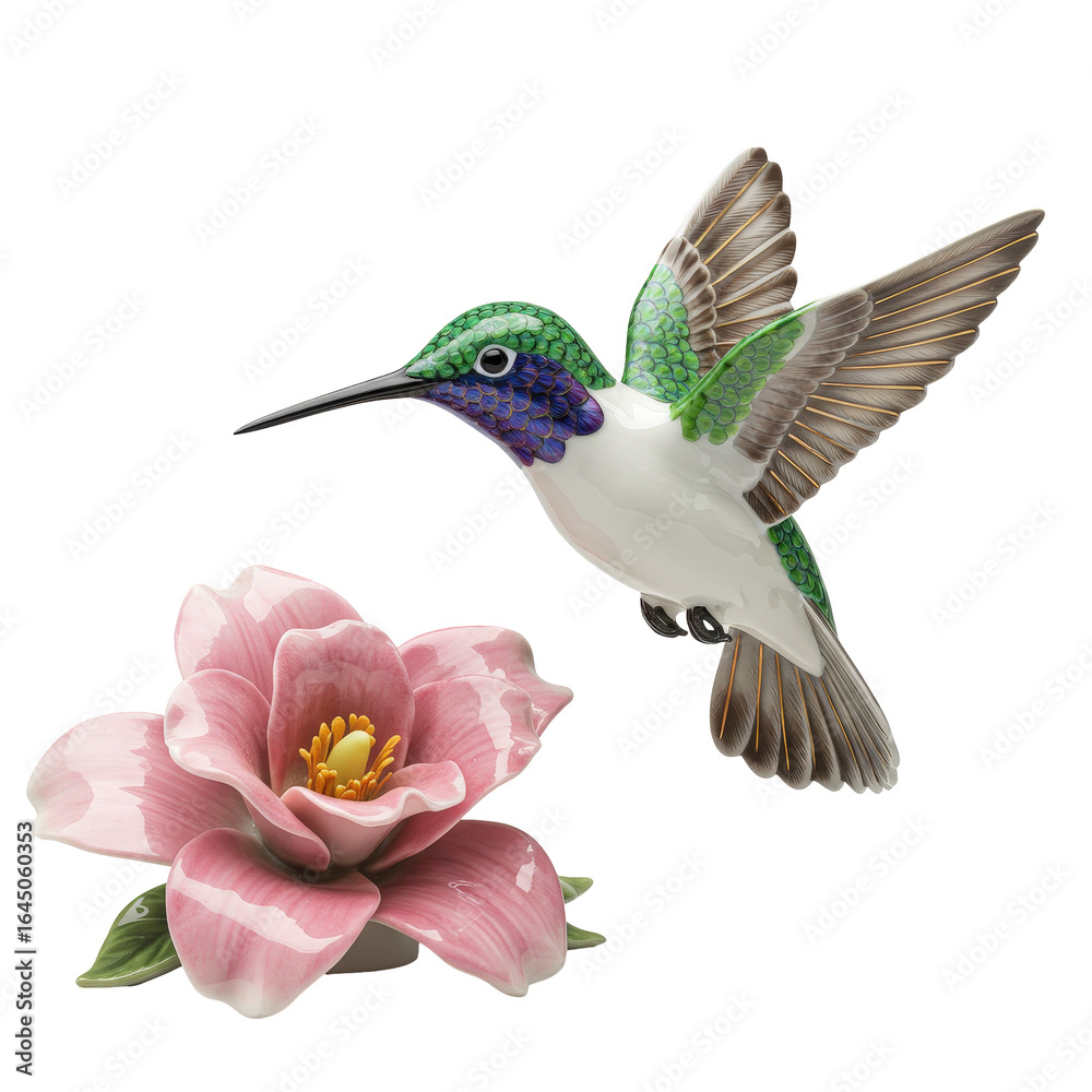 Obraz premium Porcelain figurine of a hummingbird bird flying near a beautiful pink flower statuette