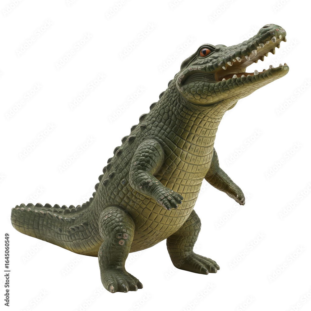 Fototapeta premium Vintage green plastic alligator toy with a weathered texture and an open mouth standing