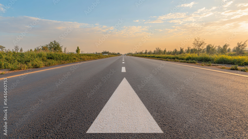 Naklejka premium Arrow-shaped road sign pointing forward on empty asphalt road 