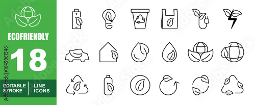 Ecofriendly set of web icons in line style. Exclusive Ecofriendly linear icon collection. Containing battery, lightbulb, bin, bag, plug, bolt, car, house, water, and more. Editable stroke